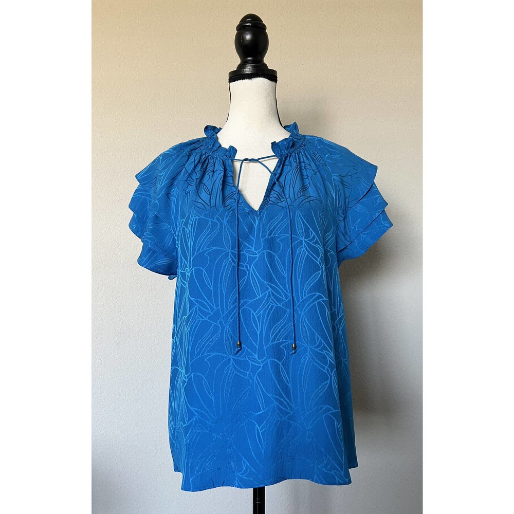 Marie Oliver Sz M Women’s Ruffle Sleeve 100% Silk Cobalt Blue Top Blouse
